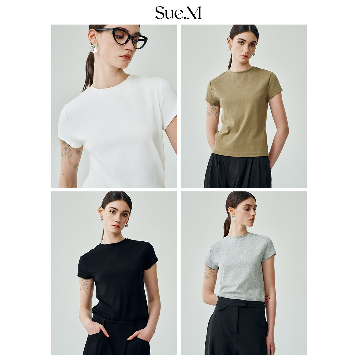 Sue.M 优可丝正肩短袖wan能螺纹圆领显瘦t恤女 佰搭神器不易变形