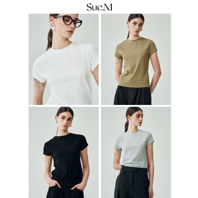Sue.M 优可丝正肩短袖wan能螺纹圆领显瘦t恤女 佰搭神器不易变形