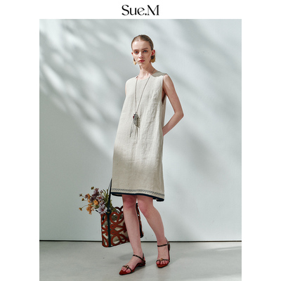 Sue.M 重磅亚麻下摆刺绣连衣裙女士新款直筒松弛感慵懒大廓型裙子