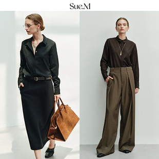 Sue.M 精纺羊毛通勤正肩衬衫25秋 细腻顺滑轻奢感风黑色毛呢衬衣
