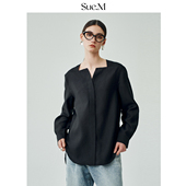 天丝气质宽松长袖 Sue.M 轻盈极简一字领衬衫 黑色衬衣女士高级感