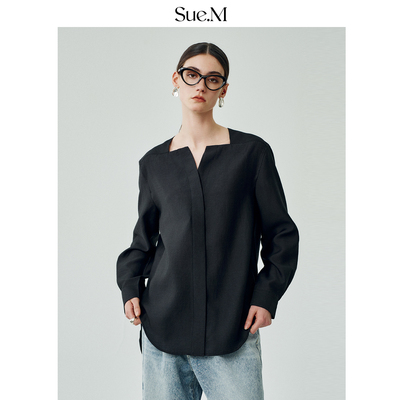Sue.M 轻盈极简一字领衬衫 天丝气质宽松长袖黑色衬衣女士高级感