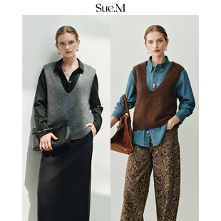 極简显瘦背心女士 马甲叠穿毛衣无袖 Sue.M 拉毛羊毛羊绒V领25冬季