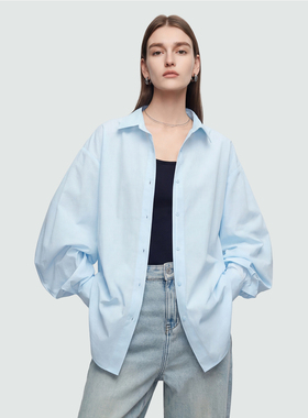 Sue.M 抗皱蓝色衬衫26春新款羊腿袖防晒宽松慵懒风长袖衬衣上衣女