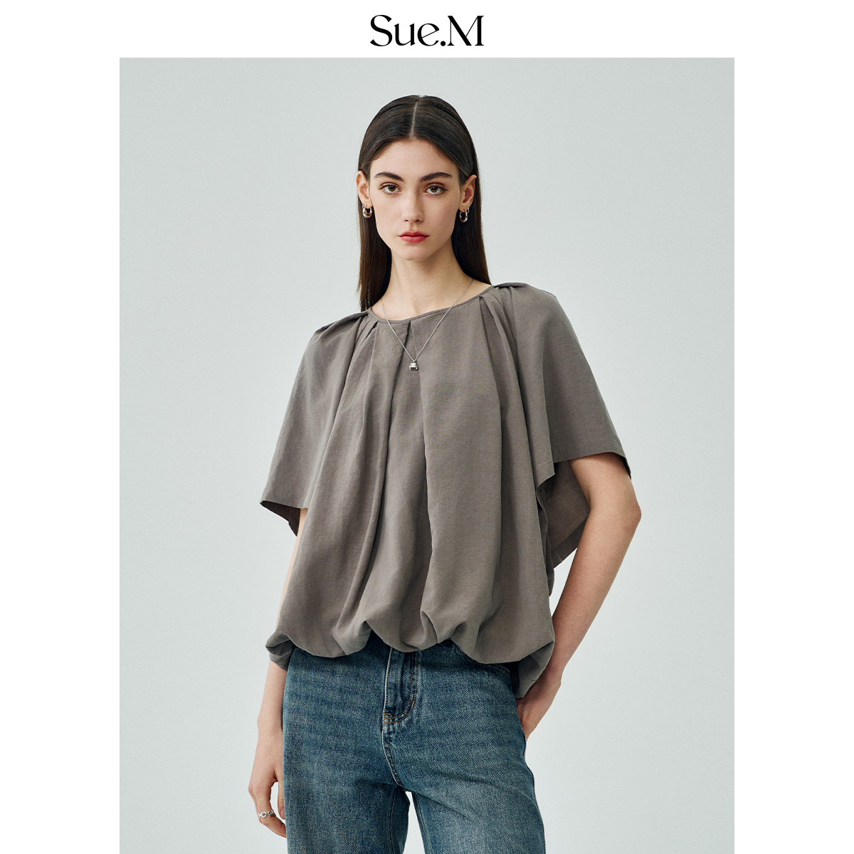 Sue.M 天丝铜氨丝花苞亚麻宽松上衣2025夏装新款女士设计感衬衫女