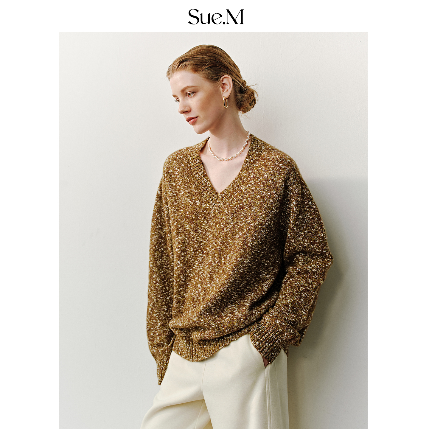 Sue.M 炫彩花色V领大肚纱羊毛套头毛衣25秋冬新款落肩宽松显瘦女