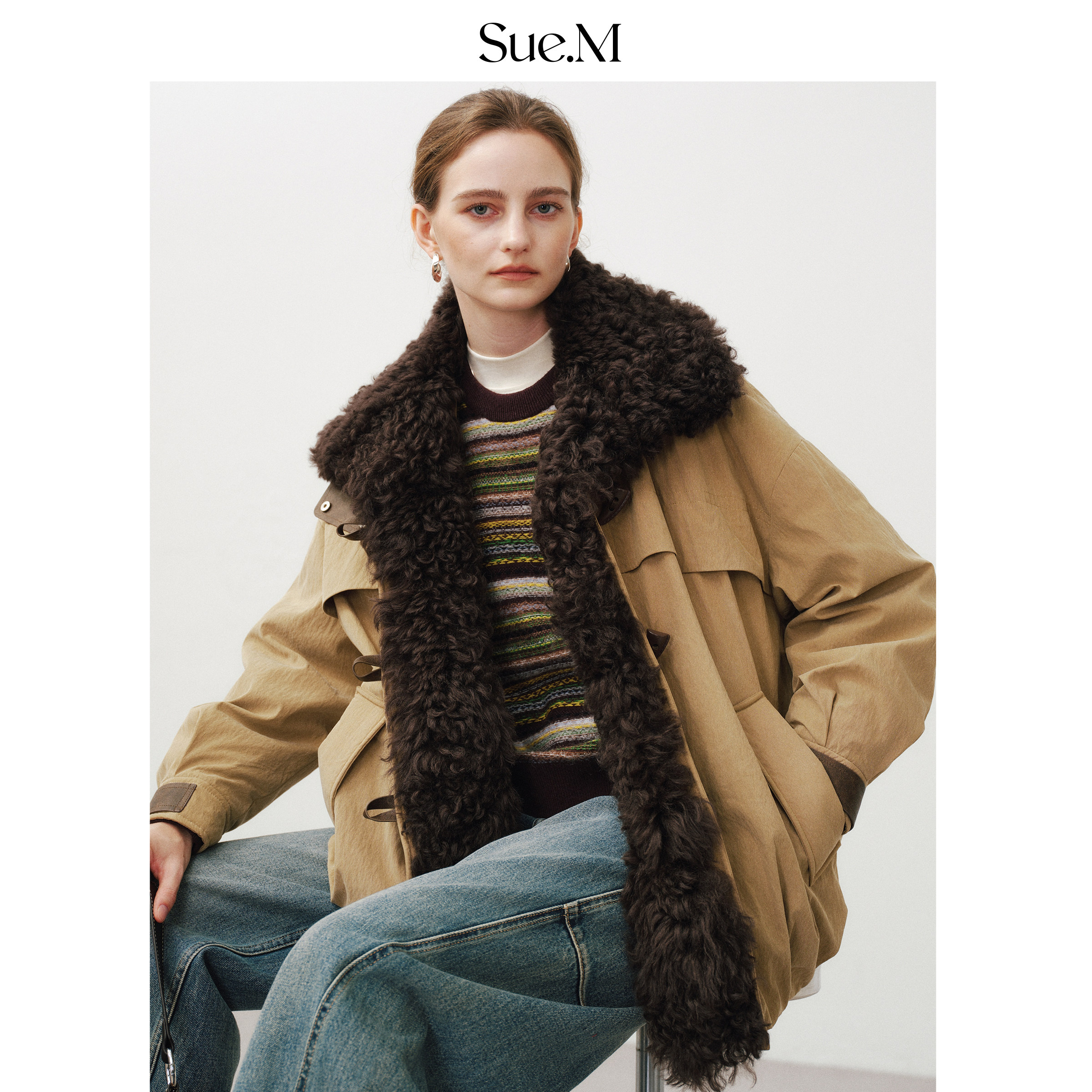 Sue.M 羊毛卷派克鹅绒服女25冬季新款拼接龟背JU显瘦短款羽绒服女