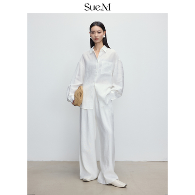 Sue.M 100%进口雨露麻白色亚麻长袖衬衫长裤短袖短裤半裙套装女