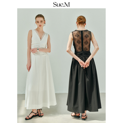Sue.M 【设计师款】后背拼接蕾丝优雅法式长款无袖连衣裙女士裙子