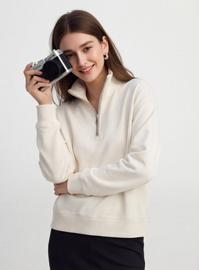 Sue.M 半拉链珠边空气层白色卫衣女26春新款立领长袖套头卫衣女士