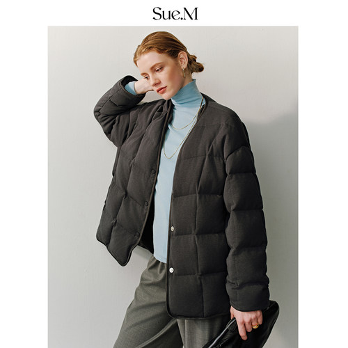 Sue.M 进口波兰95白鹅绒针织围脖短款羽绒服冬季女款25无领鹅绒服