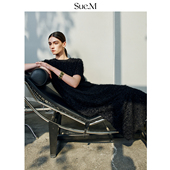 Sue.M 高端定制 黑色连衣裙流苏进口丝绒羽毛年会气质显瘦裙女