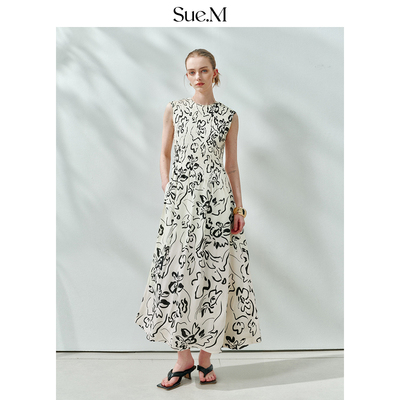 Sue.M 抽象线条印花抽褶连衣裙气质高级感收腰复古法式碎花裙子女
