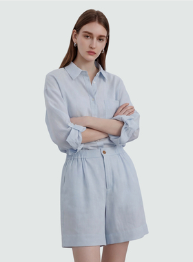 Sue.M进口亚麻衬衫/短裤套装度假老钱风夏日轻薄宽松蓝色衬衣女士