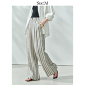 女松弛感老钱风通勤直筒裤 Sue.M 100%亚麻提花条纹阔腿裤