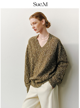 Sue.M 炫彩花色V领大肚纱羊毛套头毛衣25秋冬新款落肩宽松显瘦女