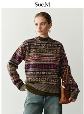 Sue.M 定制14种纱100%羊毛圆领费尔岛套头毛衣25秋重工提花针织衫