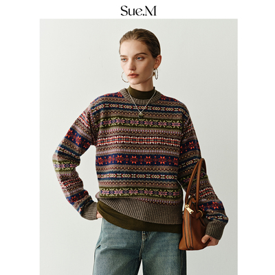 Sue.M 定制14种纱100%羊毛圆领费尔岛套头毛衣25秋重工提花针织衫