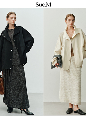 Sue.M轻薄小立领蝙蝠袖外套26春抗皱斜纹极简挺阔立领A型短风衣女