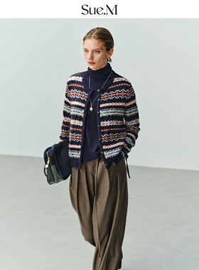 Sue.M 重工绒感提花费尔岛条纹开衫25秋 复古羊毛混纺针织衫毛衣
