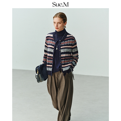 Sue.M 重工绒感提花费尔岛条纹开衫25秋 复古羊毛混纺针织衫毛衣