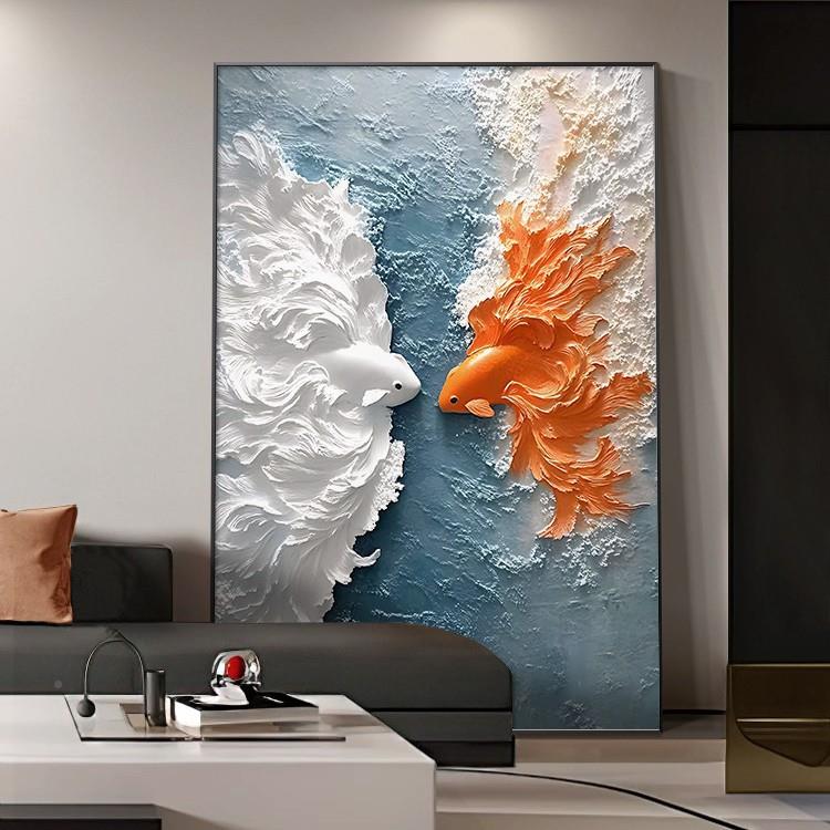 锦鲤玄轻ZA0808奢入户关装饰画年有鱼浮雕立体感客厅挂店画酒年海图片