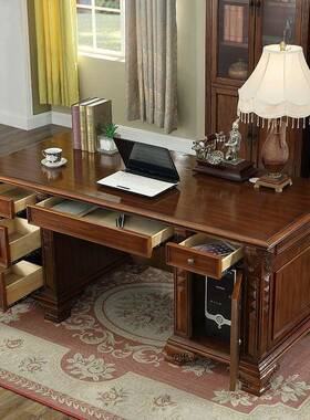 式实木书桌欧雕花简约书台式老板桌大班台总裁美办公桌书房LQL电