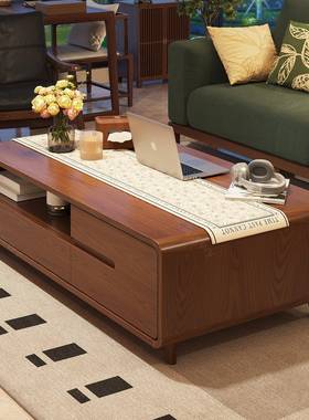 直供新中桃式胡木茶几带柜家带LEH抽加长台面家厂用实木框架承重