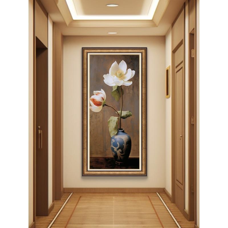 美式入户玄关装饰画荷花新中式墙画竖版壁画手绘油画过道走廊挂画图片