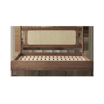 9V7床TNFP/黑胡桃全实单木床藤编复古软包床双人床架新中式家具