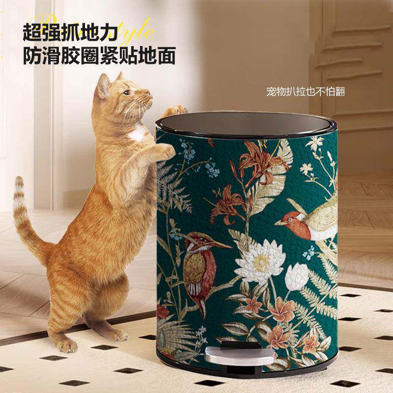 禾端INQ牧程不锈钢皮革垃盖圾桶高颜值新中轻古风高复古奢客厅带