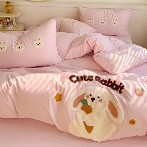 20套25款可爱兔毛绣水洗棉磨毛PPK四件卡通新巾风宿舍三件套软糯