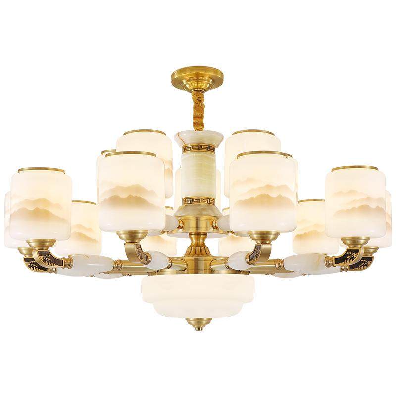 全铜玉石客厅灯新中式吊灯复式楼别墅自建房大气家用茶室书房大灯