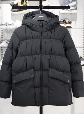 李宁女子中长羽绒服2024冬季防泼水宽松鸭绒保暖连帽外套AYMT082