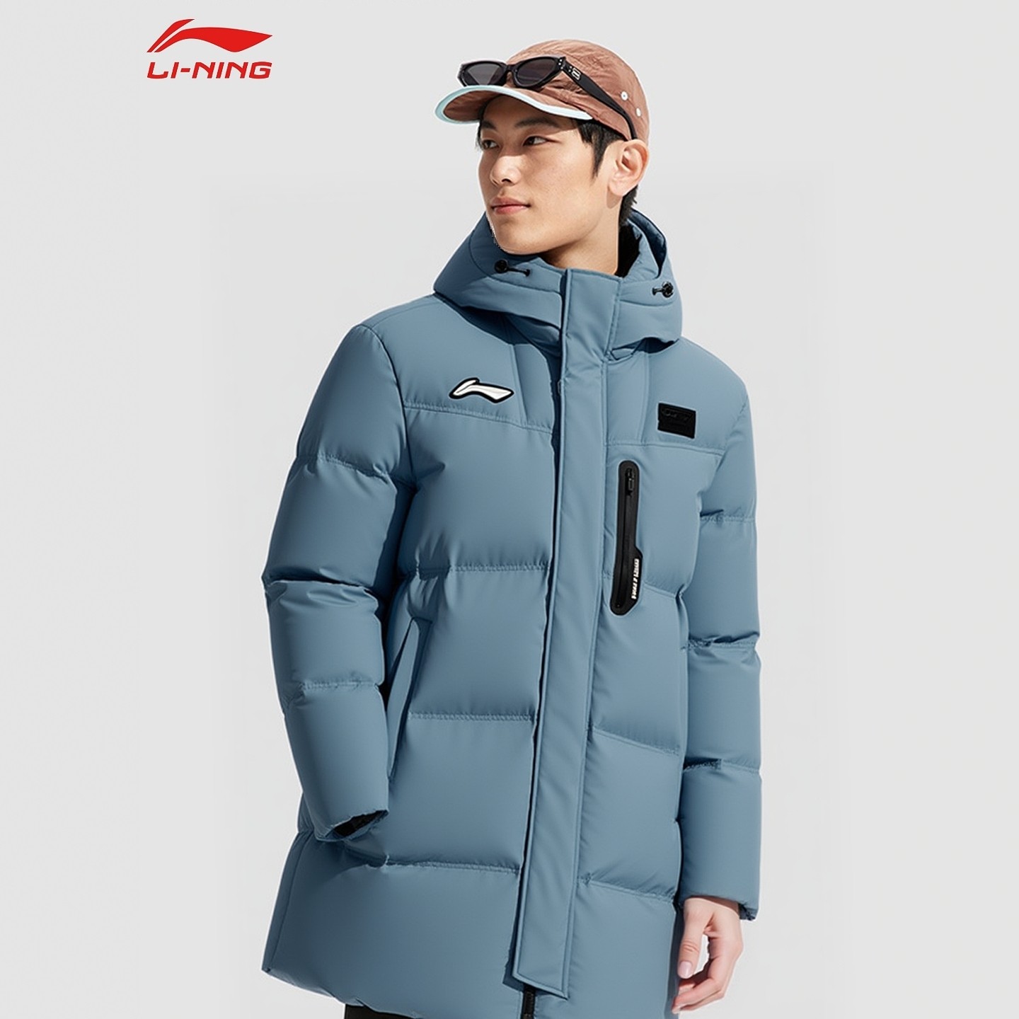李宁中长羽绒服男冬季新款红旗连帽防风保暖休闲运动外套AYMV133