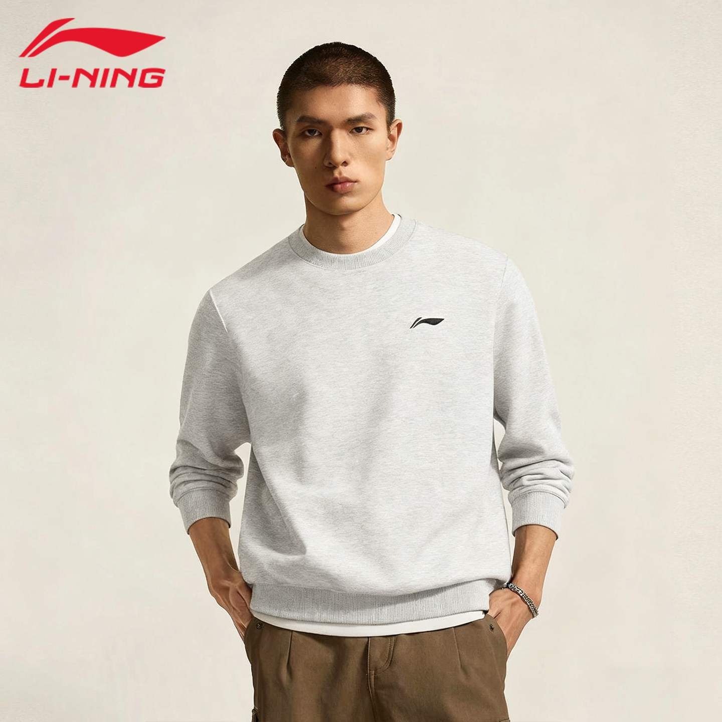 李宁卫衣男女同款宽松圆领长袖青少年上衣情侣保暖套头衫运动服