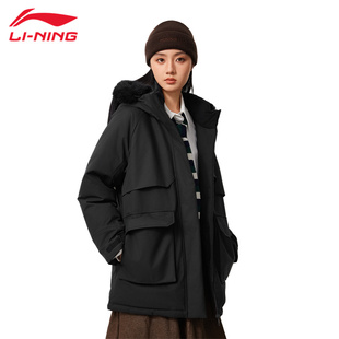 李宁中长款羽绒服女冬季新款保暖防风过膝运动外套面包服AYMU190