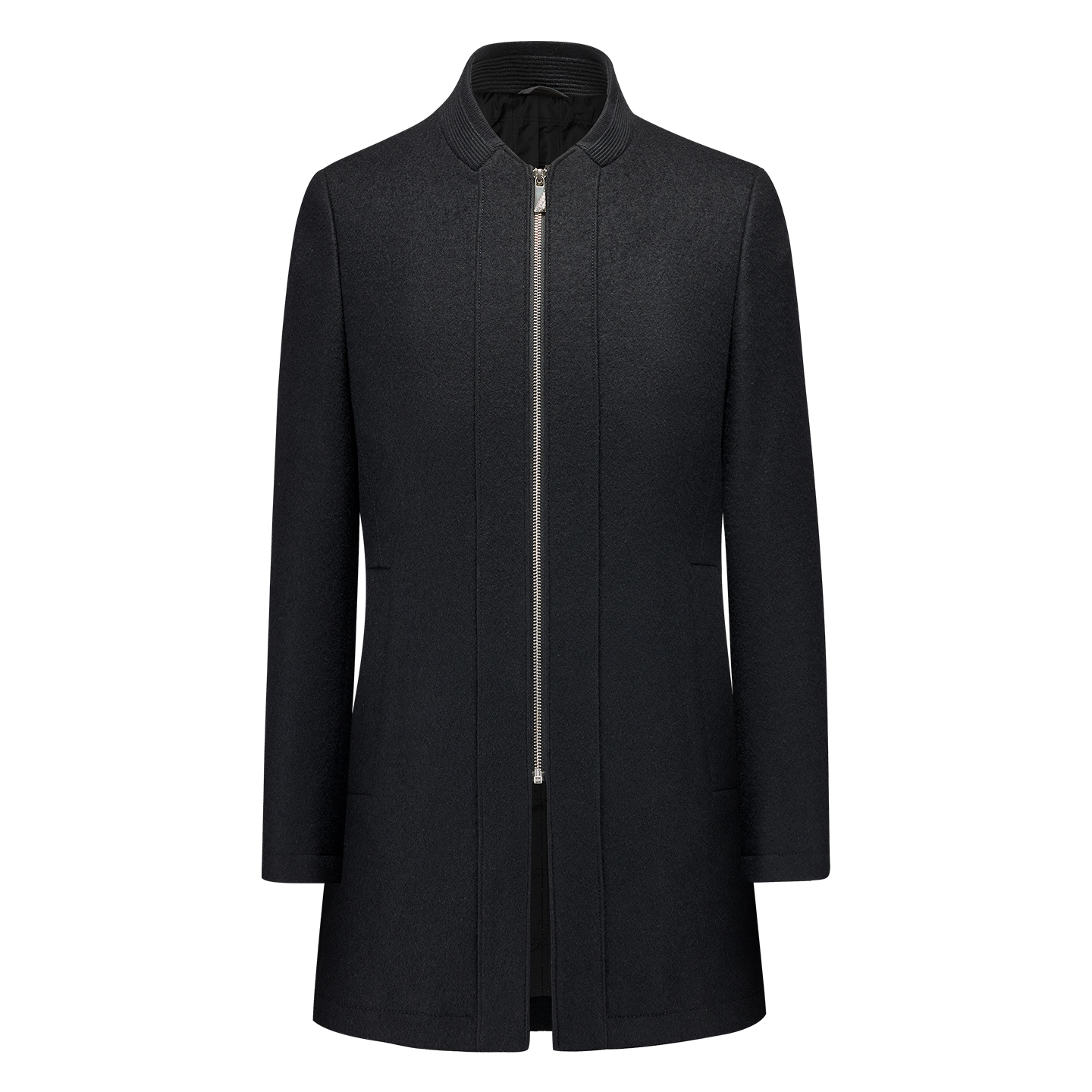 【磨毛厚款】吉家时尚立领男士修身中长款羊毛呢子大衣黑色外套