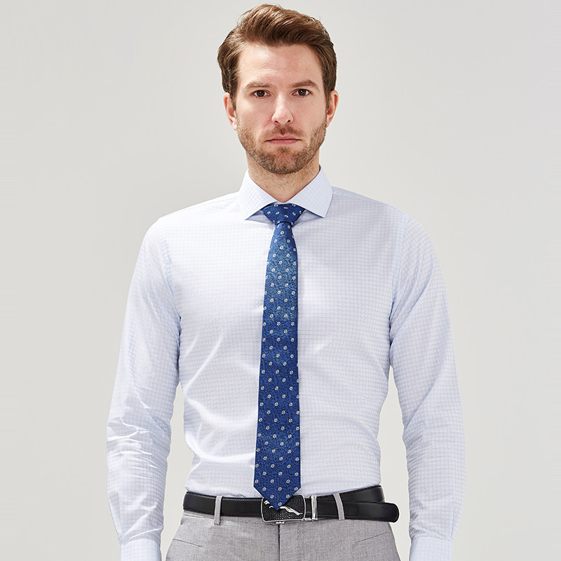 【吉家】纯棉长袖蓝色衬衫职业男士商务休闲正装衬衣全棉