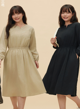 34三思大码女装拉链收腰连衣裙通勤亚麻天丝 收腰显瘦FW2509全码