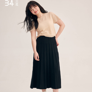 34三思大码女装显瘦立体百褶裙长款羊毛混纺秋冬FW2428全码