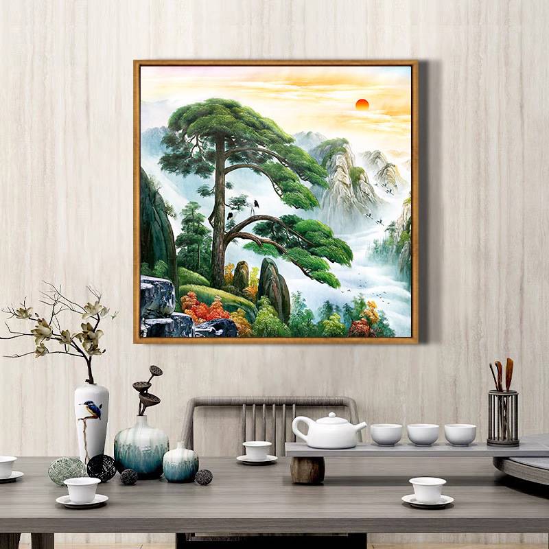 迎客松挂画绿水青山玄关装饰画办公室山水风景画中式客厅松树壁画图片