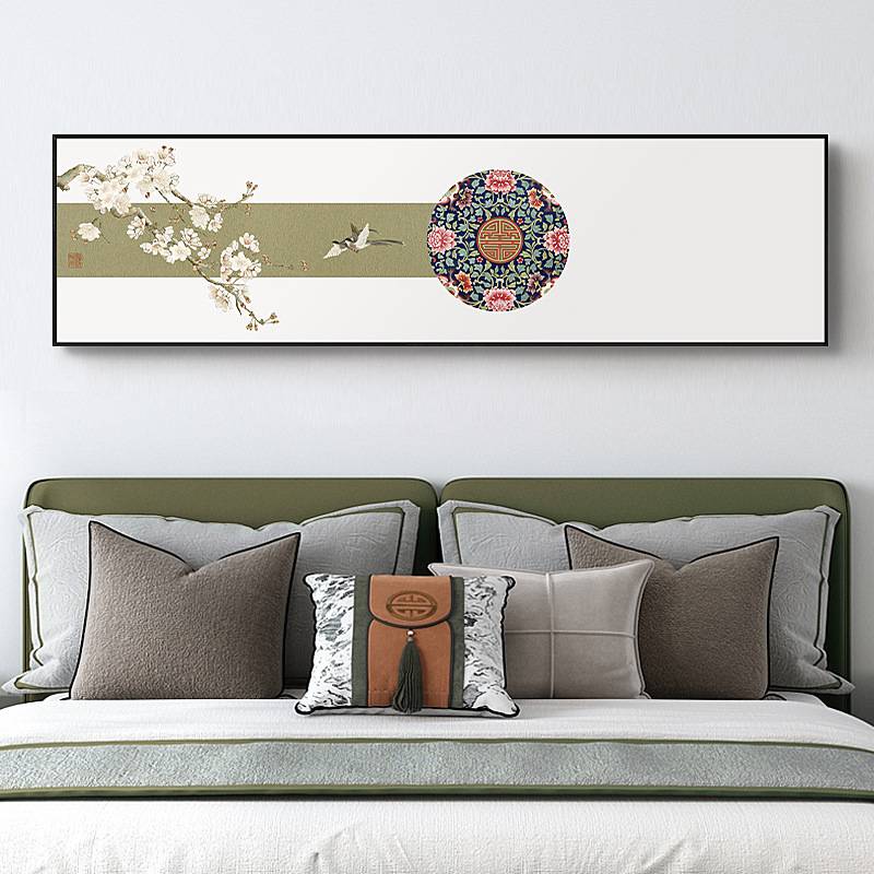 新中式床头客厅装饰画卧室红蓝挂画横幅简约花鸟植物壁画厂家图片
