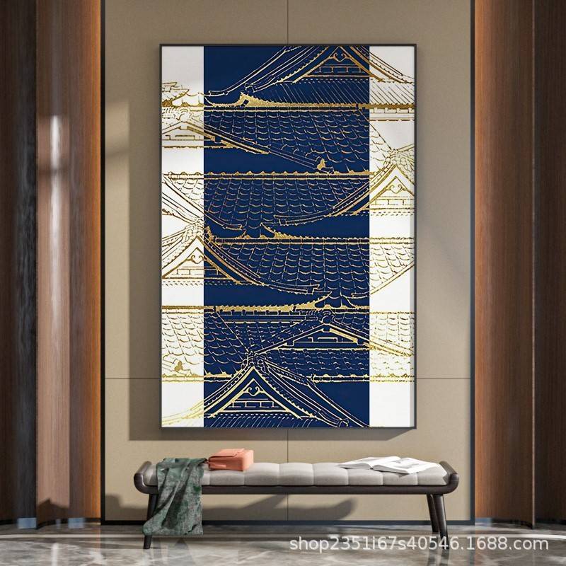 轻奢新中式客厅玄关装饰画抽象屋檐建筑壁画现代书房茶室竖版挂画图片