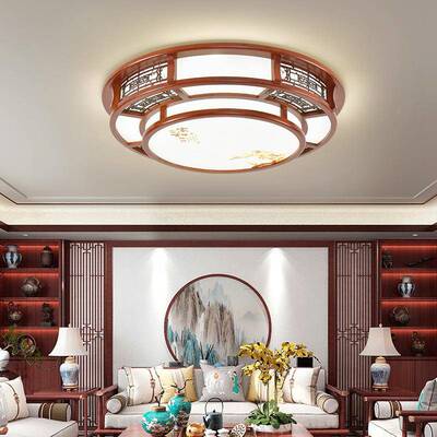 中式厅吸X1853顶灯圆LED仿实客木餐厅书房现古代卧室灯具中国风B1