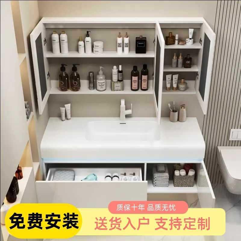肤感可丽耐一体盆陶瓷一体盆放扫地机器人洗漱台奶油风浴室柜组合