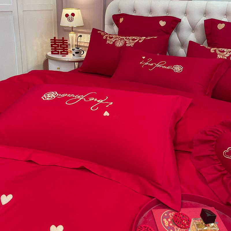 高档床中式贡婚缎磨毛庆四件套红UVG色纯棉单被套结婚嫁套件喜庆