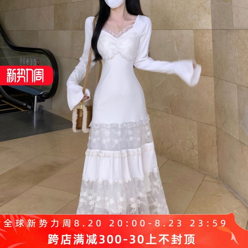 速发蕾丝磨毛仙织长袖连衣裙秋冬大码气质收针内搭腰长裙