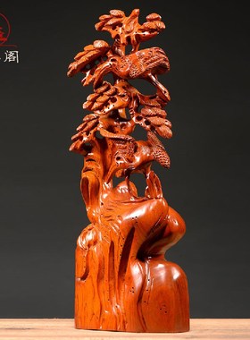速发花梨木质雕刻松鹤延年根雕摆件红工艺品家居客厅装饰摆设贺寿