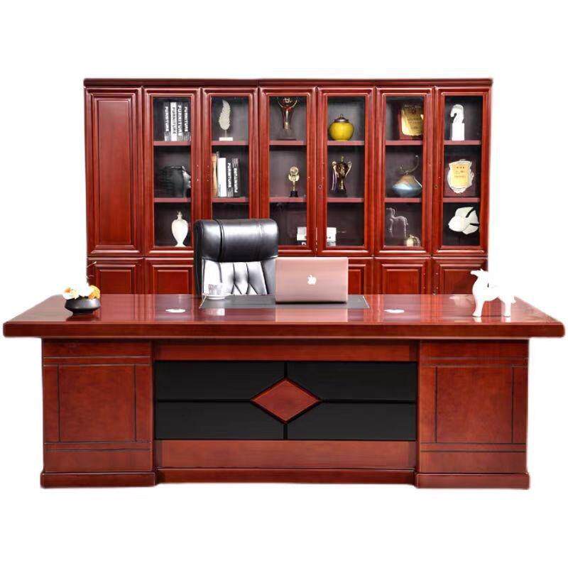 老板桌办公桌简约现代总裁桌书柜实木皮油漆办公桌老板桌大班台桌